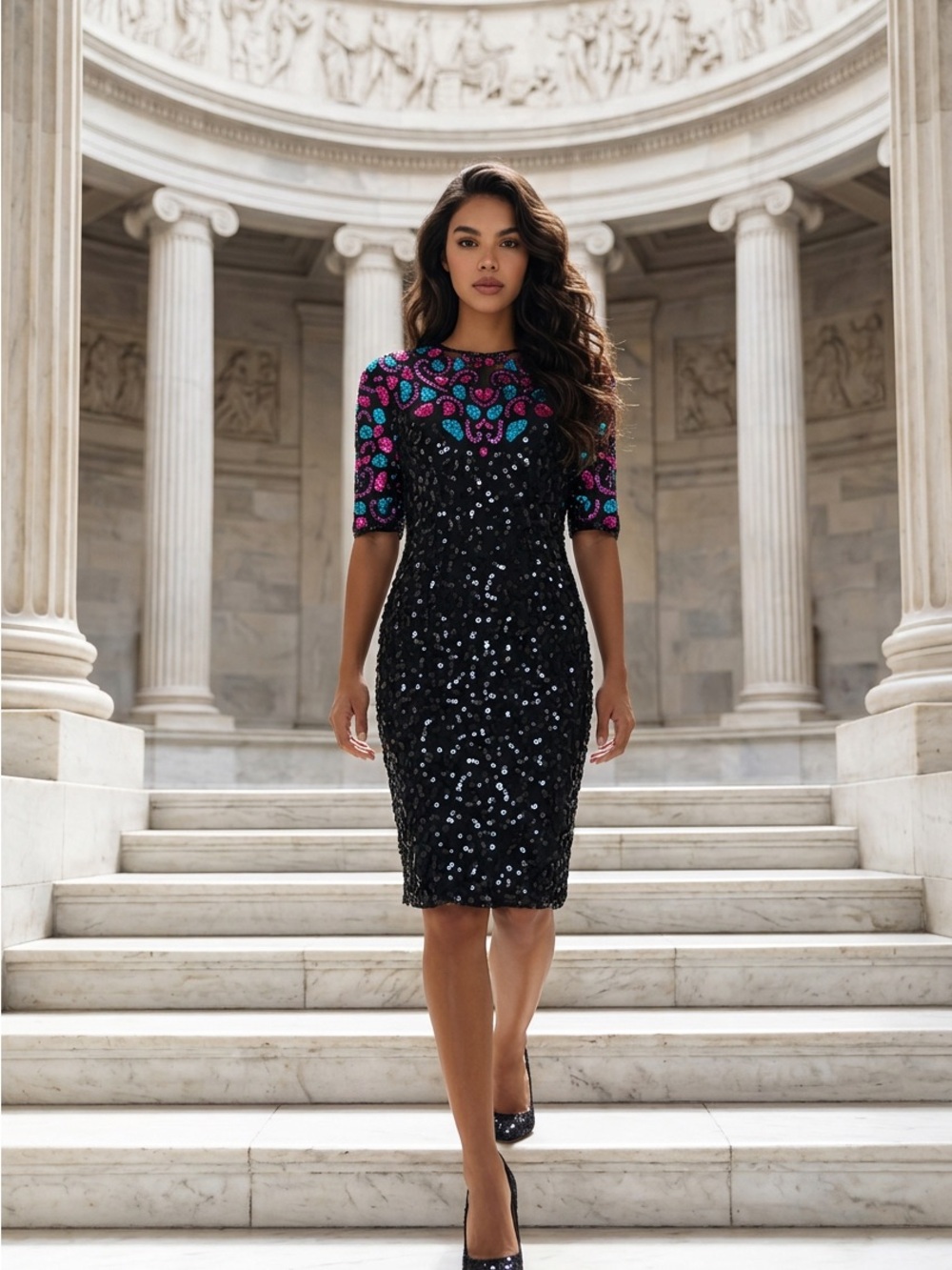 Stenay Black Sequin Dress with Blue and Purple Embellished Yoke
NWOT